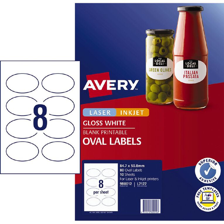 Avery Gloss Oval 80 Labels 84.7mm x 50.8mm, , hi-res