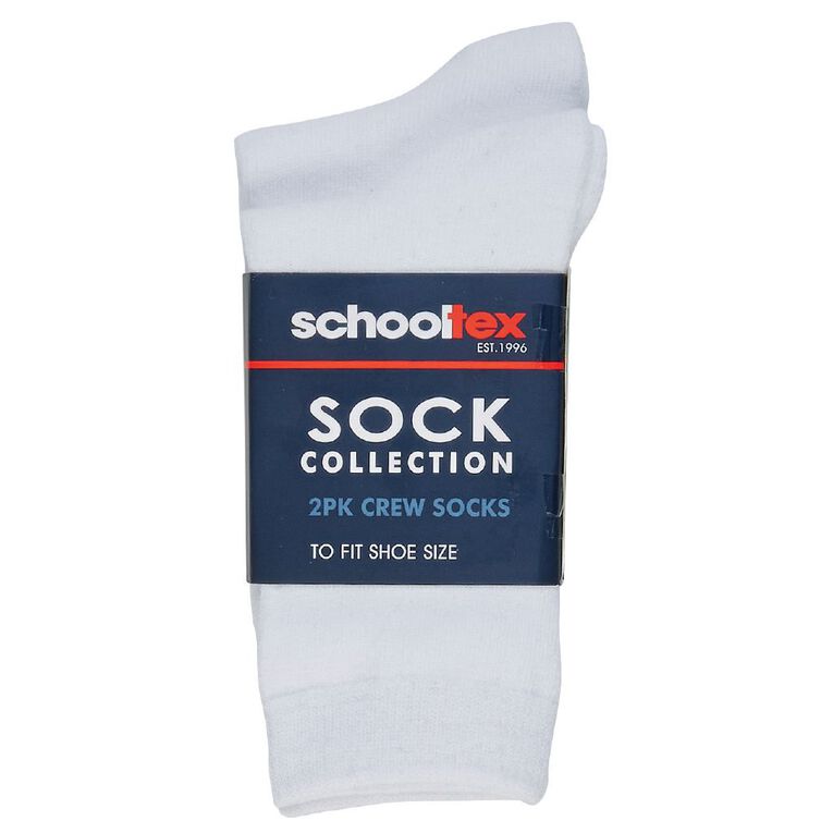 Schooltex Plain Crew Socks 2 Pack, White, hi-res