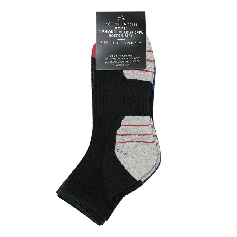 Active Intent Boys' Cushioned Quarter Crew Socks 5 Pack, Black, hi-res