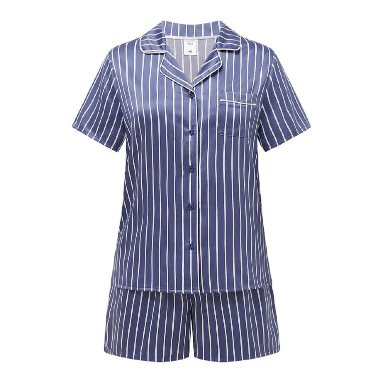 H&H Women's Satin Button Up Short Sleeve Pyjama Set, Blue Mid, hi-res