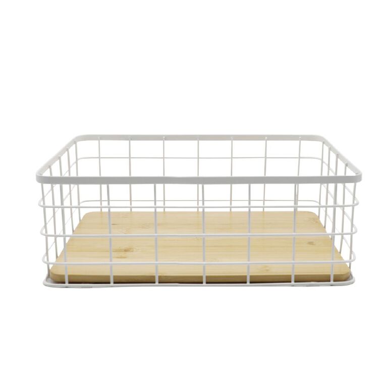 Living & Co Metal Basket with Bamboo Base White, , hi-res
