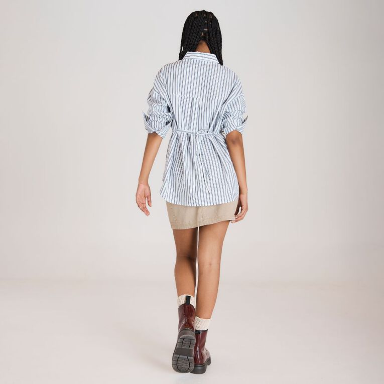 BRDRLESS Drew Tie Waist Shirt, White/Navy, hi-res