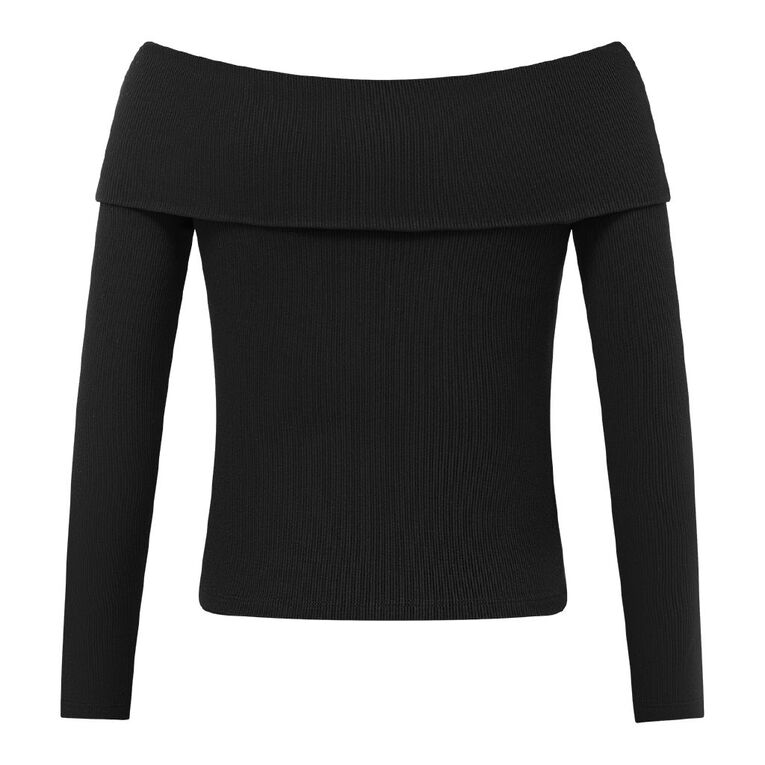 H&H Women's Long Sleeve Rib Bardot Top, Black, hi-res