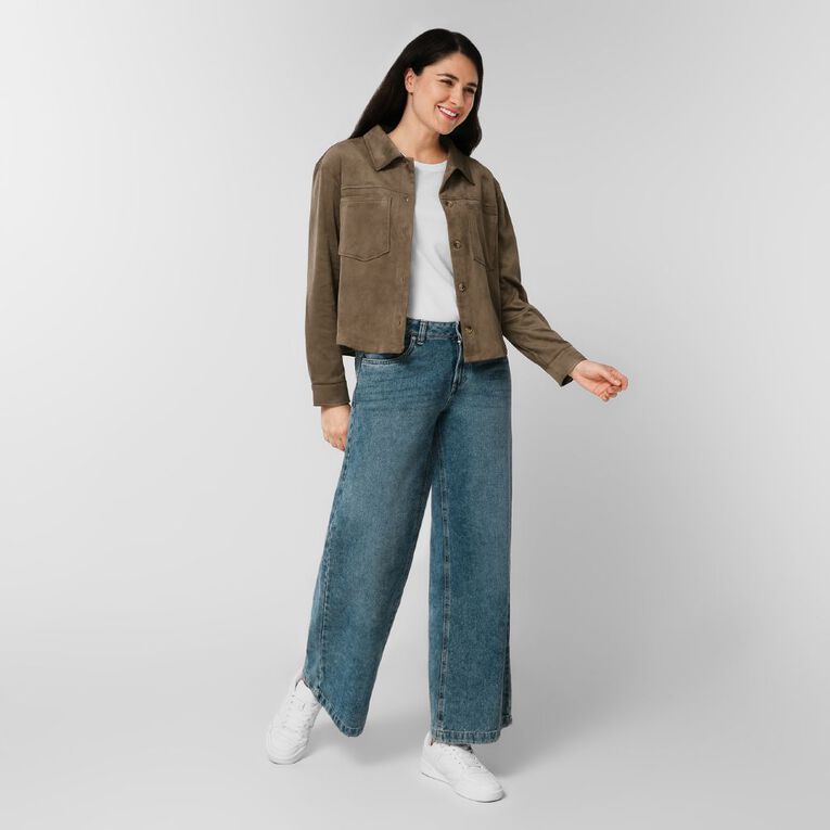 H&H Women's Long Sleeve Boxy Crop Suede Shirt, Brown Light, hi-res