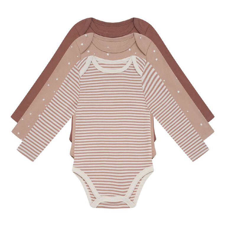 Young Original Babies' Long Sleeve Printed Bodysuit 3 Pack, Brown Light STARS, hi-res