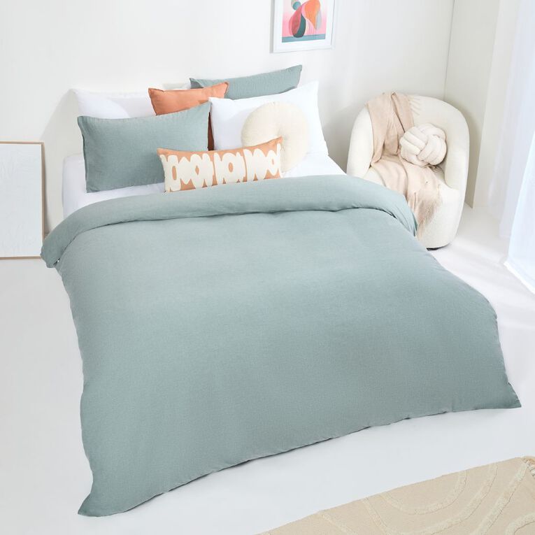 Living & Co Chambray Cotton Rich Duvet Cover Set Green Queen, Green, hi-res