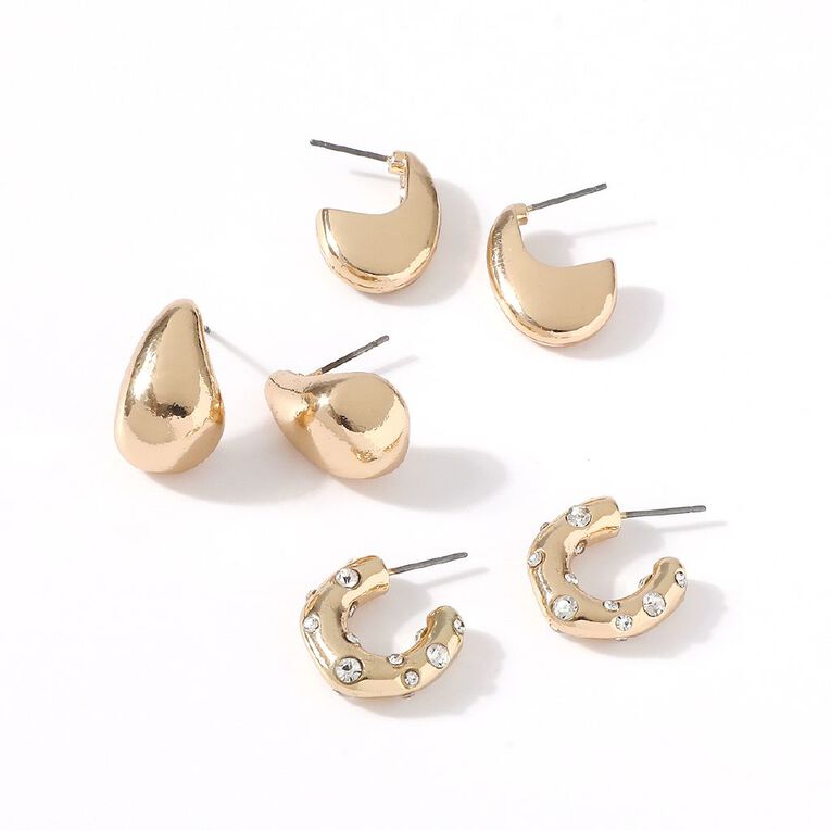 H&H Organic Textured Diamante Hoop Earrings 3 Pairs, , hi-res