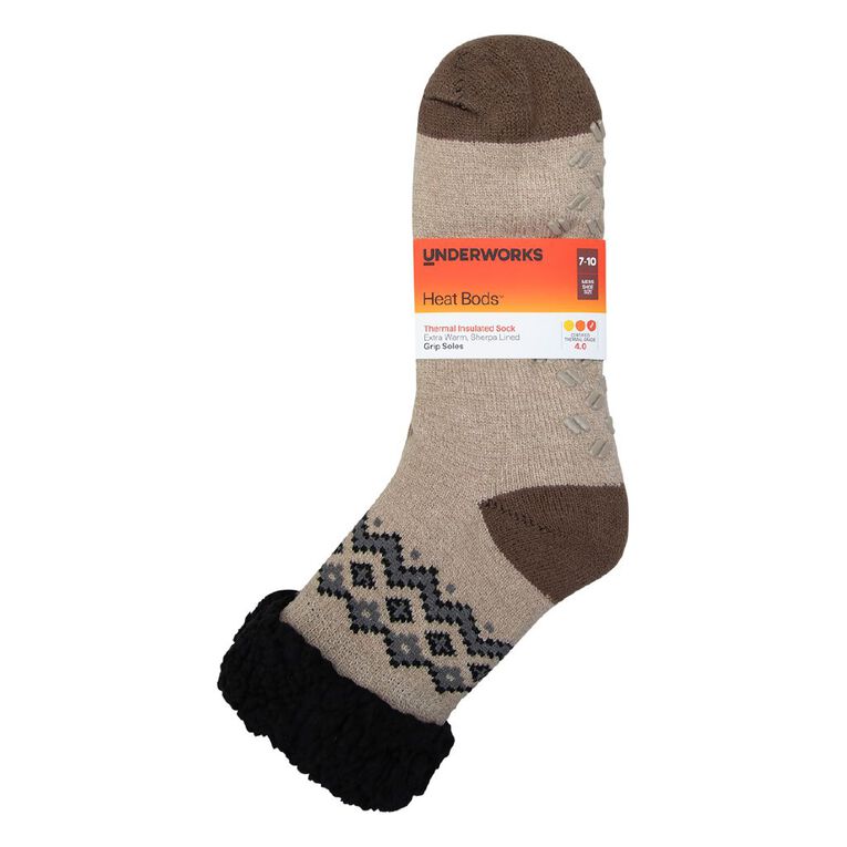 Underworks Men's Heat Bods Sherpa Socks 1 Pack, Brown, hi-res