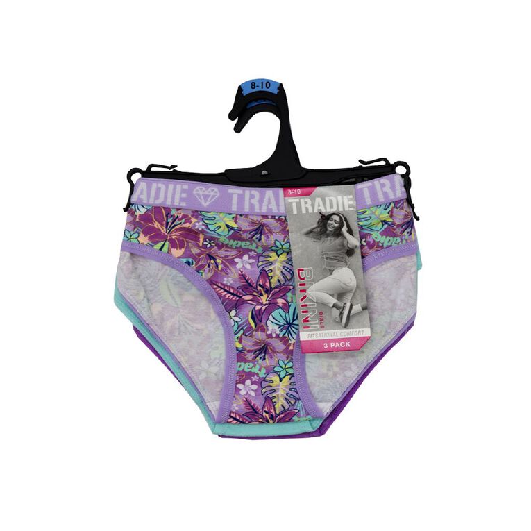 Tradie Girls' Bikini Briefs 3 Pack, Purple, hi-res