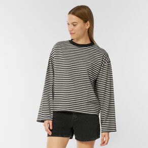H&H Women's Long Sleeve Boxy Stripe Crew Neck Tee