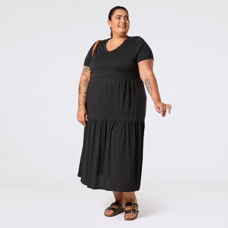 H&H Curve Women's Short Sleeve Slub Tier Midi Dress, Black, hi-res