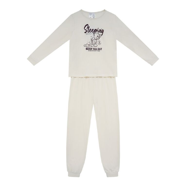 H&H Girls' Long Sleeved Knit Pyjama Set, White, hi-res