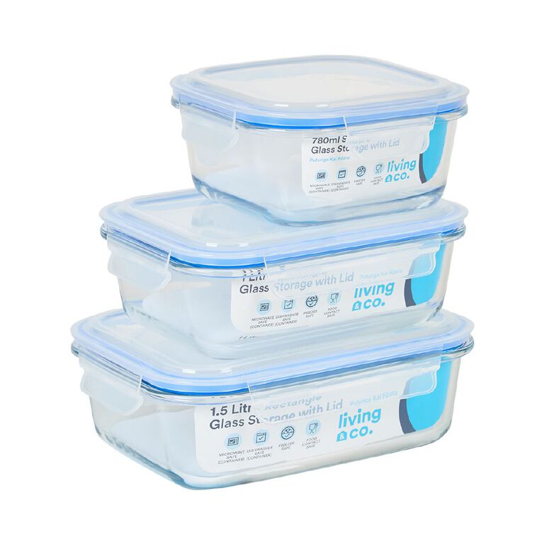 Living & Co Rectangle Glass Storage with Clip On Lid 1.5L Clear, , hi-res