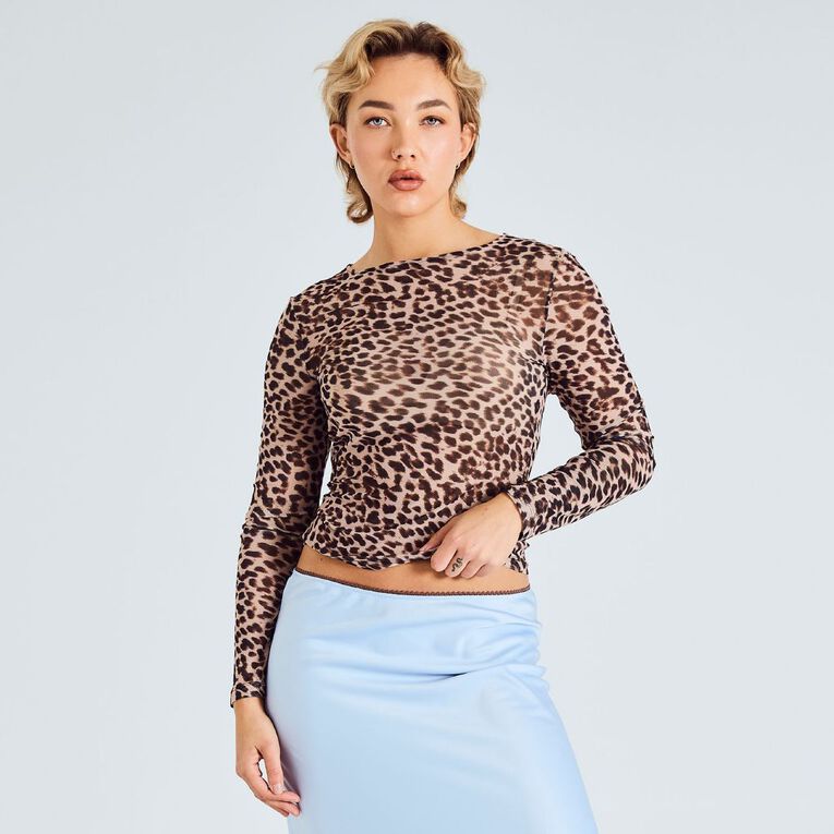BRDRLESS Mila Long Sleeve Mesh Tee, Brown, hi-res