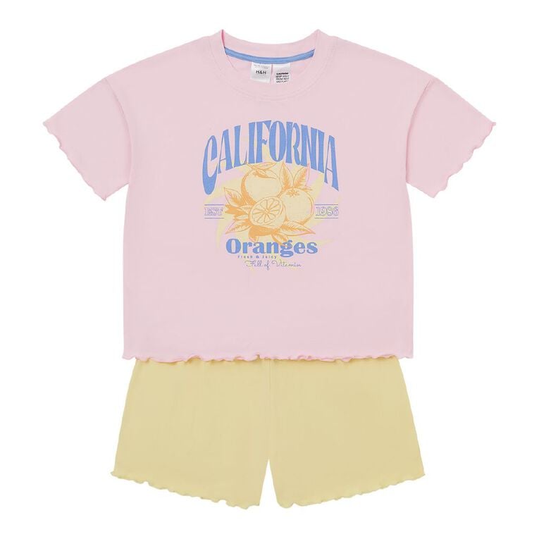 H&H Girls' Comfy Tee and Short Pyjama Set, Yellow Light, hi-res
