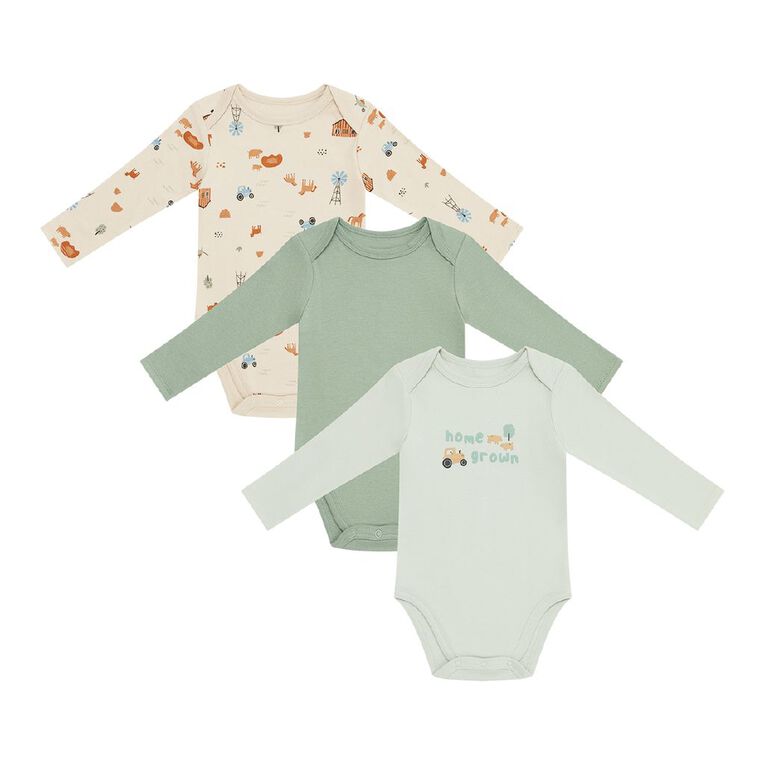 Young Original Babys' Long Sleeve Printed Bodysuit 3 Pack, Green Light, hi-res