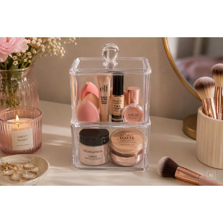 Living & Co Make Up Organiser with Lid Clear 2 Pack, , hi-res