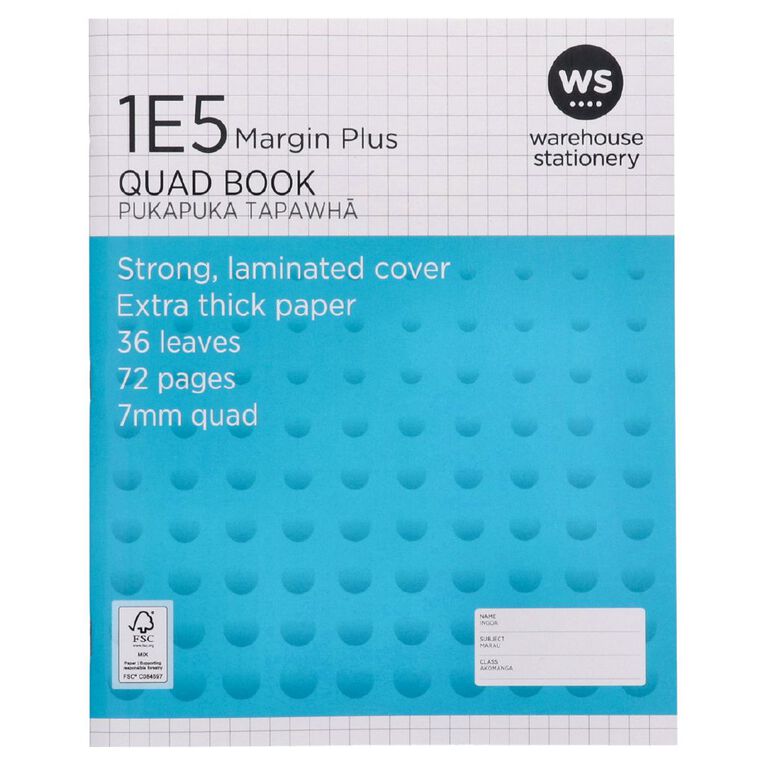 WS Exercise Book 1E5 Plus 7mm Quad 36 Leaf with Margins Blue, , hi-res