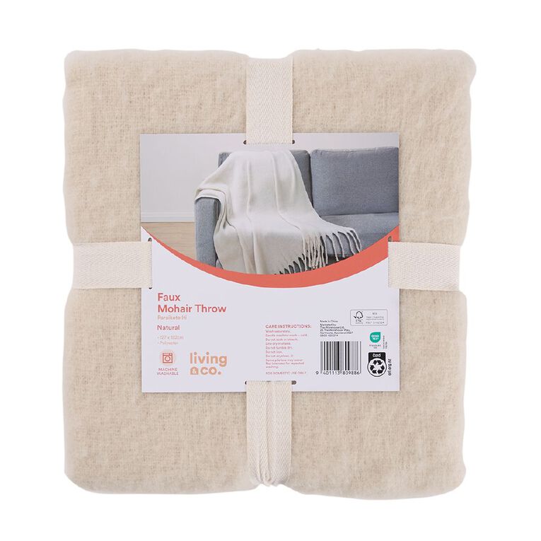 Living & Co Throw Faux Mohair Natural 127cm x 152cm, , hi-res