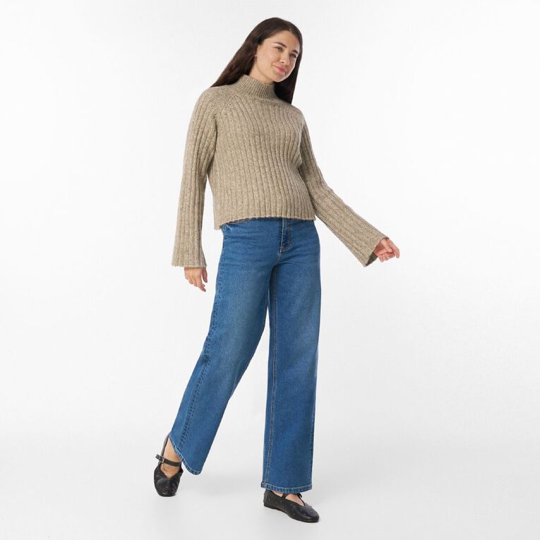 H&H Women's Oversized Crop Box Funnel Knit Jumper, Brown Mid, hi-res