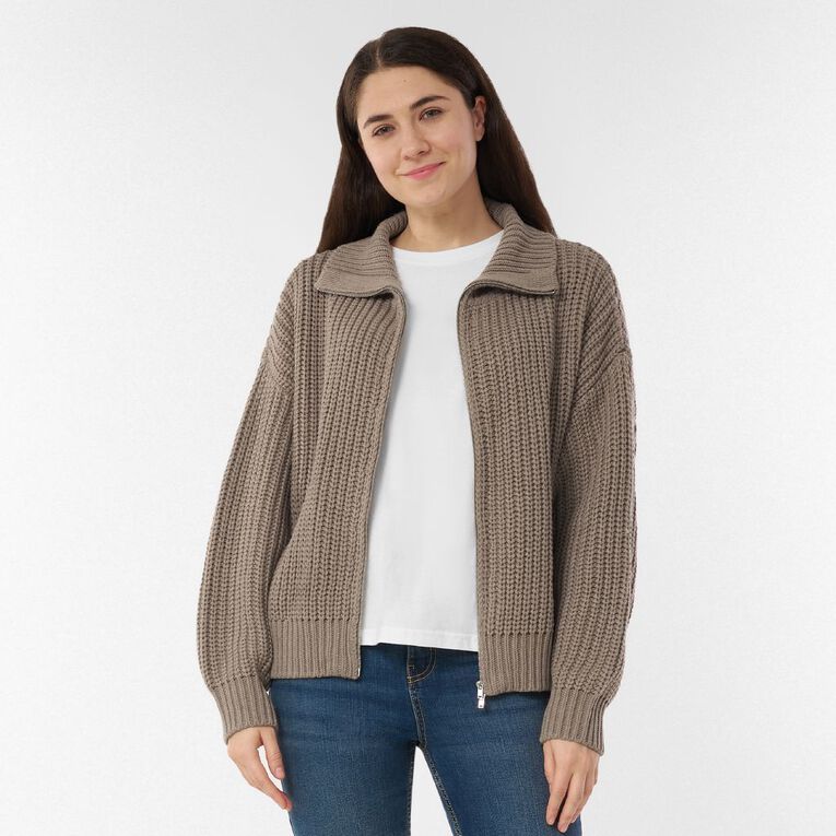 H&H Women's Zip Through Jumper, Brown Light, hi-res