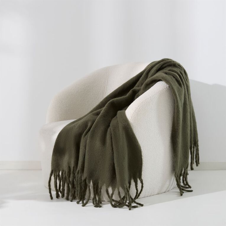 Living & Co Throw Faux Mohair Green Dark 127cm x 152cm, , hi-res