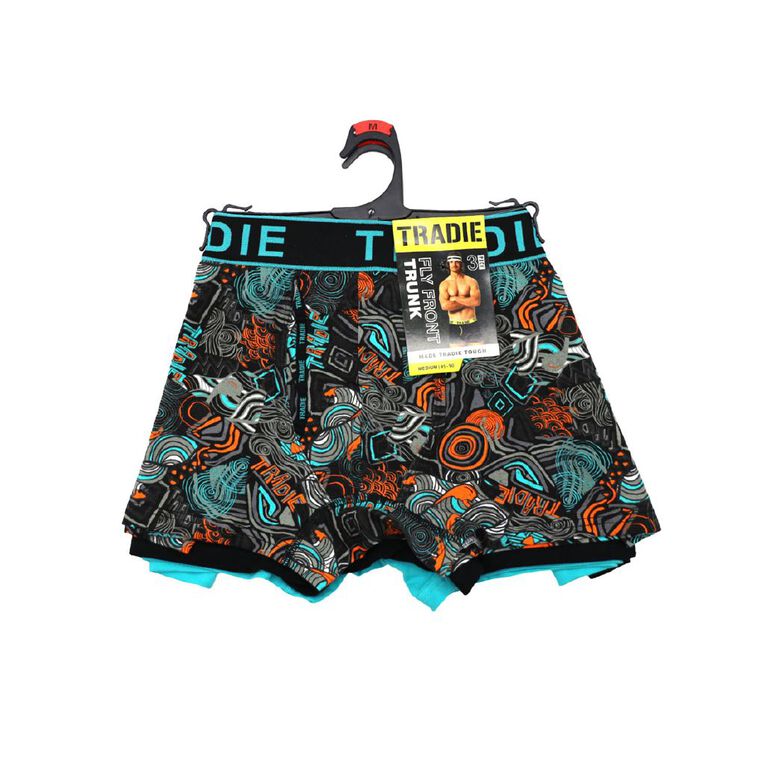 Tradie Men's Fly Front Trunks 3 Pack, Black/Green, hi-res