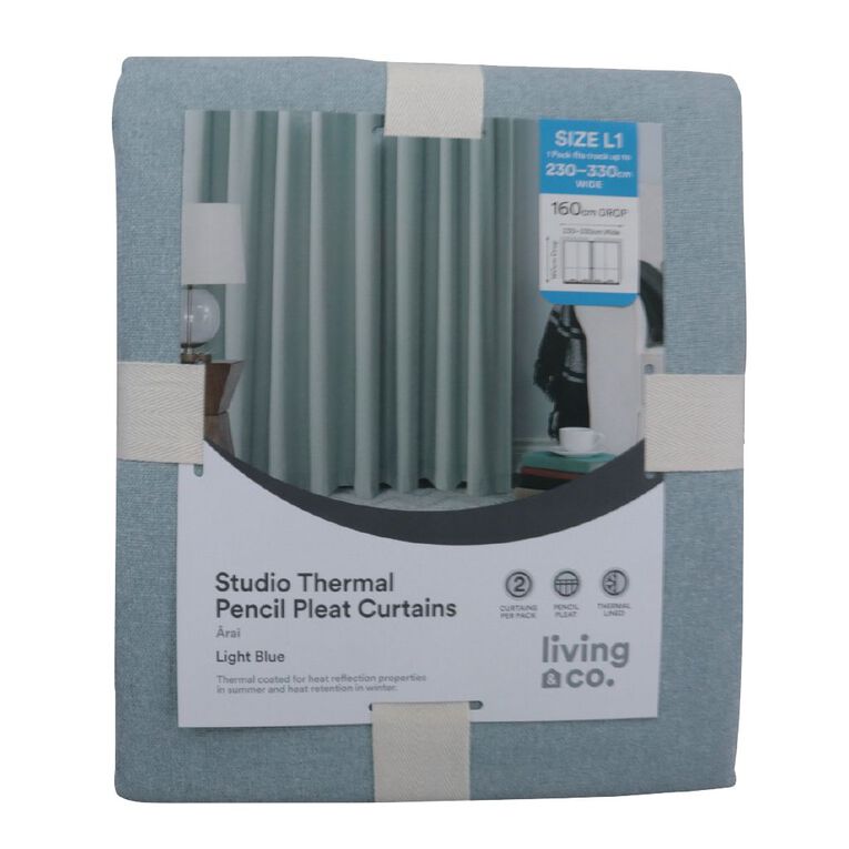 Living & Co Studio Curtains Blue Light 150-230cm Wide/205cm Drop, Blue Light, hi-res