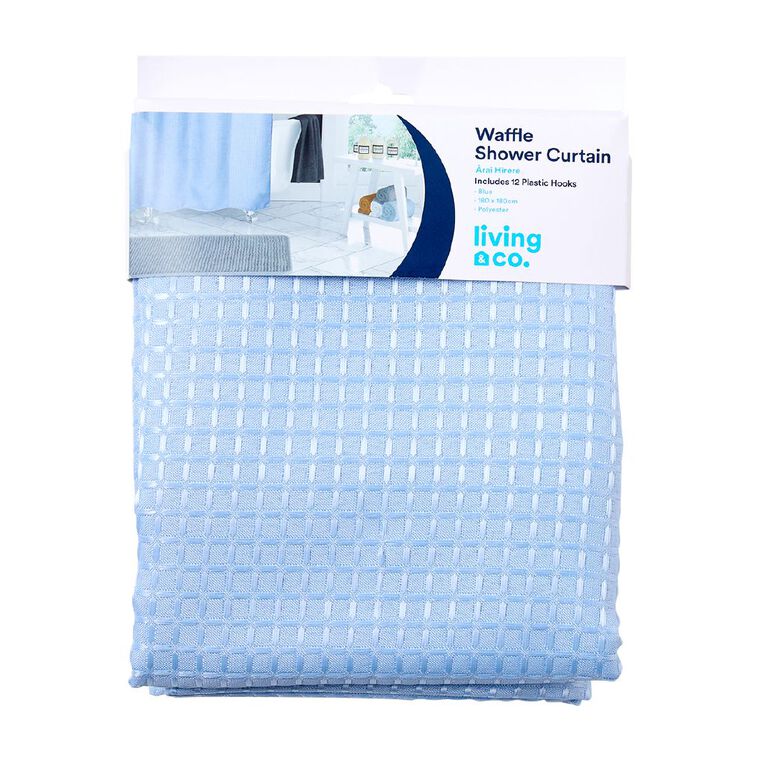 Living & Co Shower Curtain Woven Waffle Blue 180cm x 180cm, , hi-res