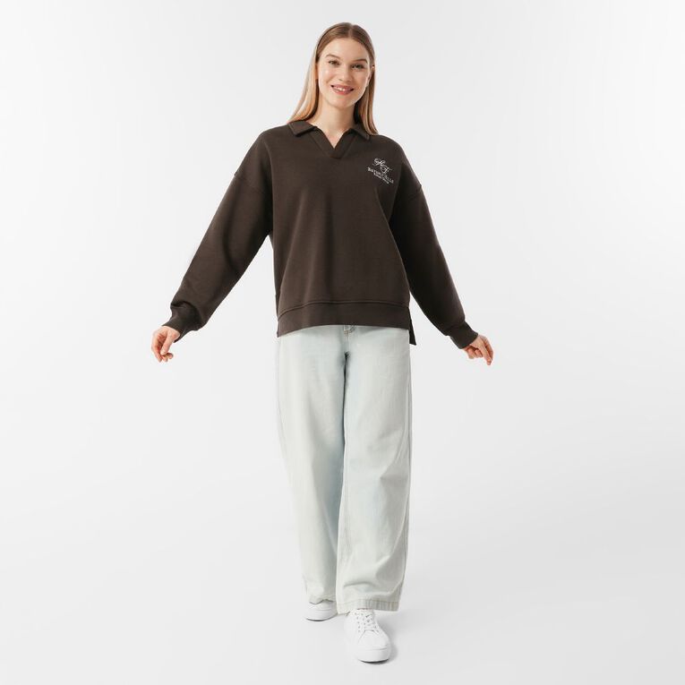H&H Women's Long Sleeve Collared Sweat, Brown Dark, hi-res