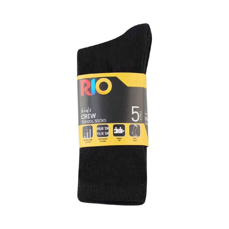 Rio Kids' School Crew Socks 5 Pack, Black W26, hi-res