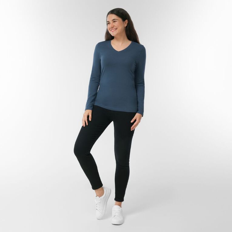 H&H Women's Stretch Long Sleeve V Neck Tee, Blue Mid, hi-res