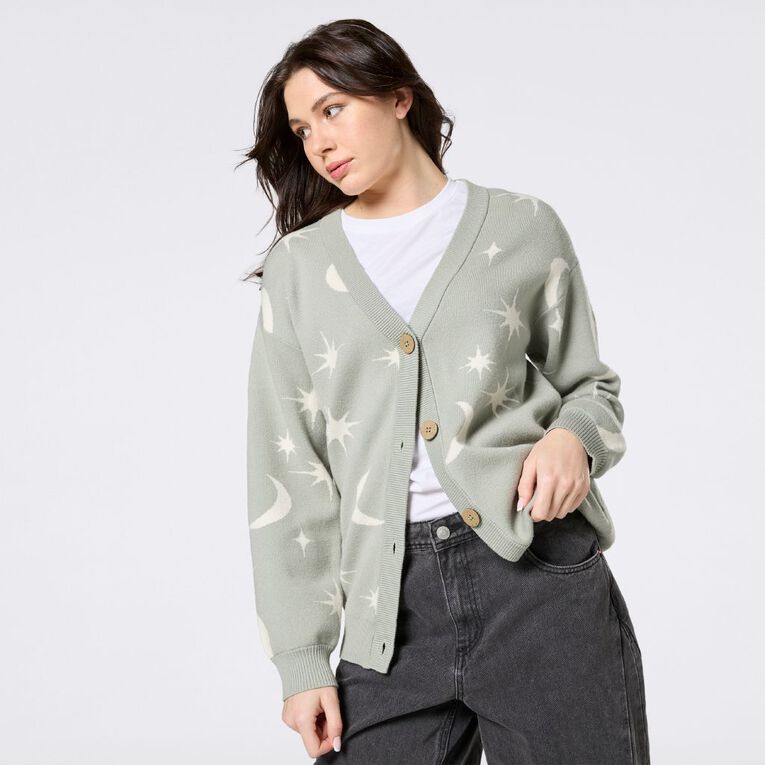 H&H Women's Star Jacquard Cardigan, Green Mid, hi-res