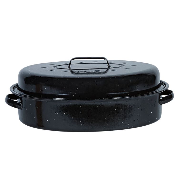 Living & Co Enamel Roasting Pan with Lid Black 42cm x 31cm, , hi-res