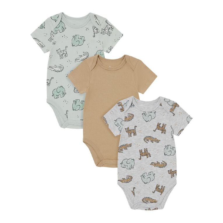 Young Original Babies' Short Sleeve Printed Bodysuit 3 Pack, Grey Light, hi-res