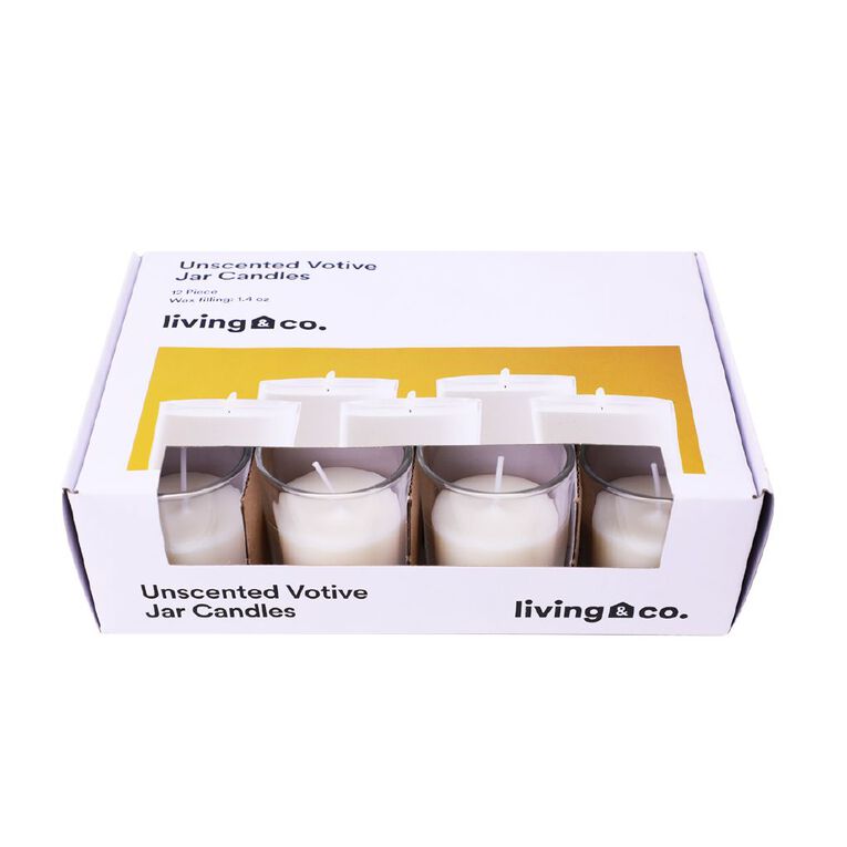 Living & Co Unscented Votive Jar Candles 1.4oz 12 Pack White, , hi-res