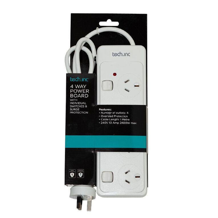 Tech.Inc 4 Way Powerboard with Individual Switches & Surge Protection, , hi-res