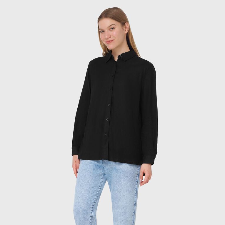 H&H Women's Long Sleeve Linen Blend Shirt, Black, hi-res