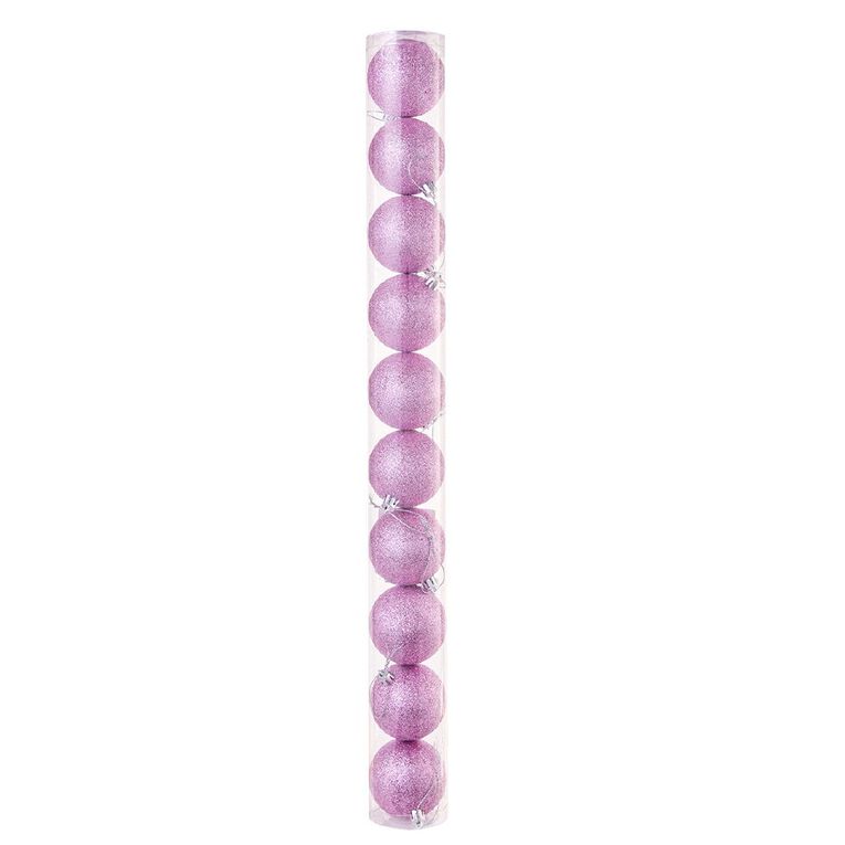 Wonderland Glitter Christmas Baubles 6cm Pink Light 10 Pack, , hi-res