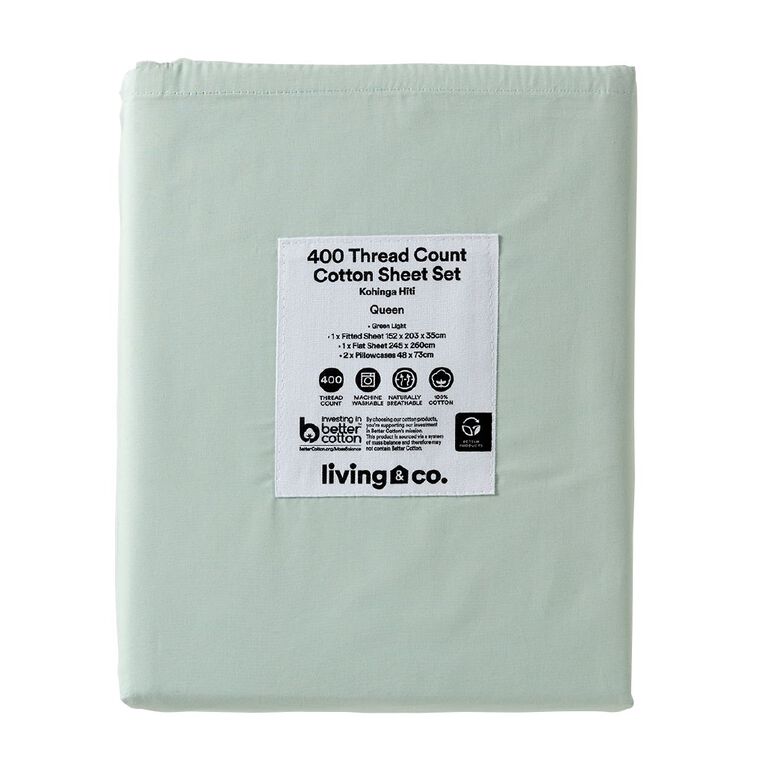 Living & Co Cotton 400 Thread Count Sheet Set Mist Green Single, Green, hi-res
