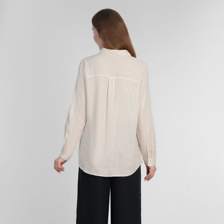 H&H Women's Long Sleeve Essential Linen Blend Shirt, Brown Light DOE STRIPE, hi-res