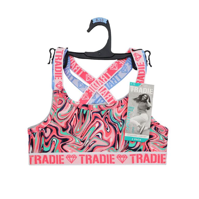 Tradie Girls' Cross Back Crop 2 Pack, Pink, hi-res