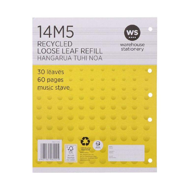 WS Pad Refill 14M5 Music Stave 30 Leaf Punched Yellow, , hi-res
