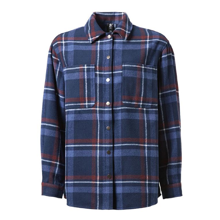 H&H Women's Brushed Felt Like Check Shacket, Blue Dark, hi-res