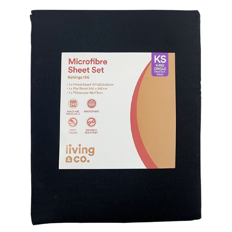 Living & Co Microfibre Sheet Set Black Double, Black, hi-res