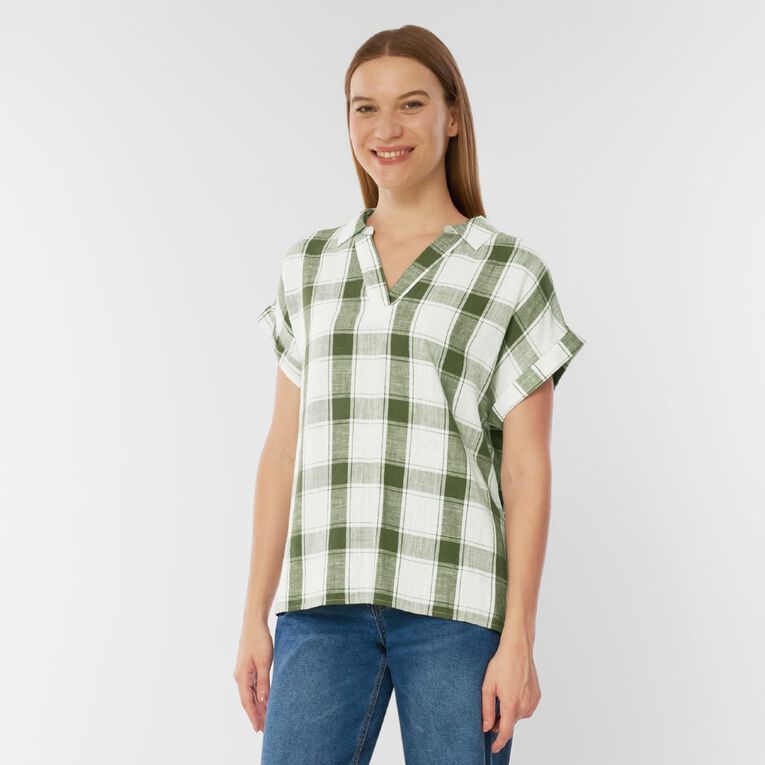 H&H Women's Short Roll Sleeve Linen Blend Blouse, Green, hi-res