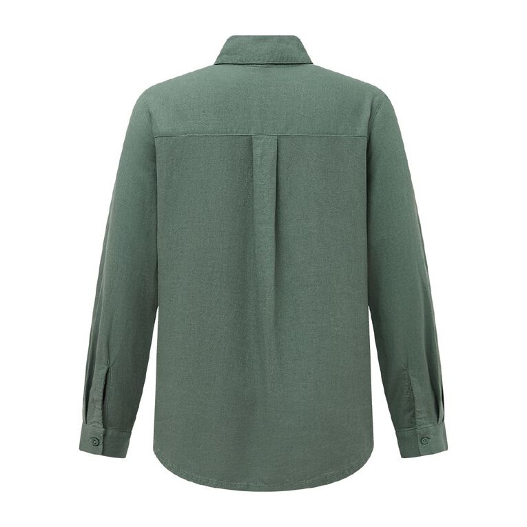 H&H Women's Long Sleeve Essential Linen Blend Shirt, Green Dark, hi-res