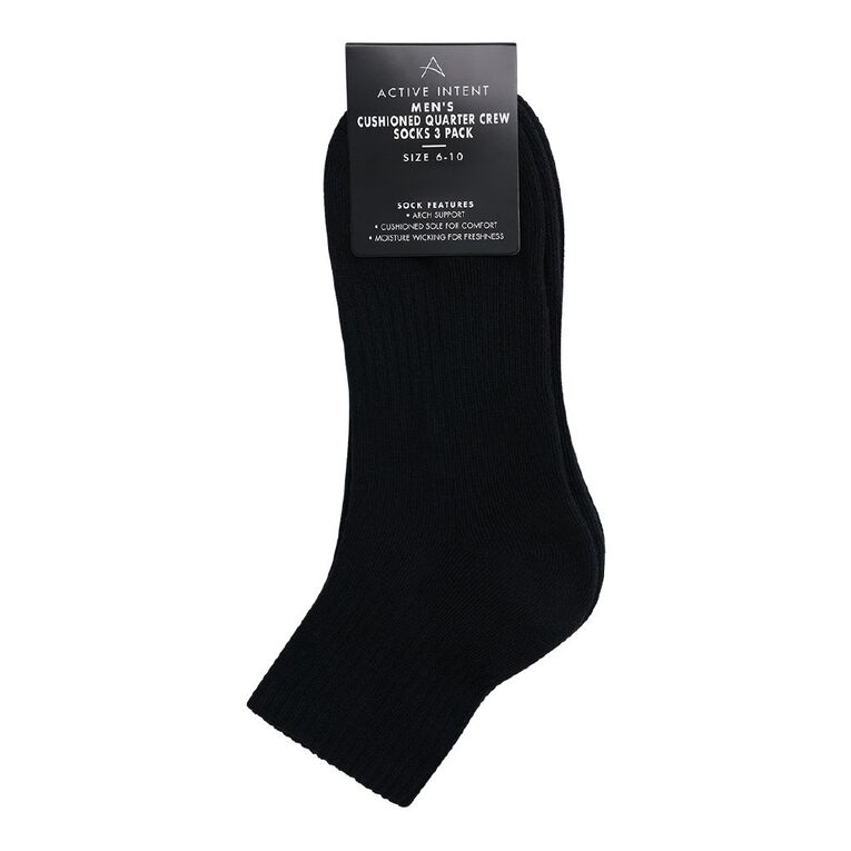 Active Intent Men's Cushioned Quarter Crew Socks 3 Pack, Black, hi-res