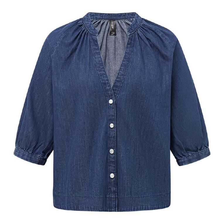 H&H Women's V-Neck Denim Shirt, Denim Mid, hi-res