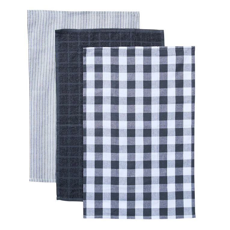 Living & Co Multi Pack Tea Towels Charcoal 3 Pack, , hi-res